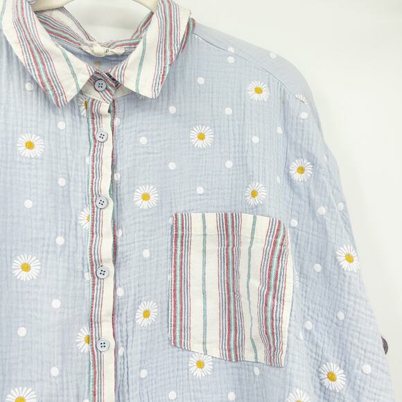 Easel Womens Boho Spring Gauzy Striped Daisy Floral Printed Top Size 1X Blue - Picture 9 of 10